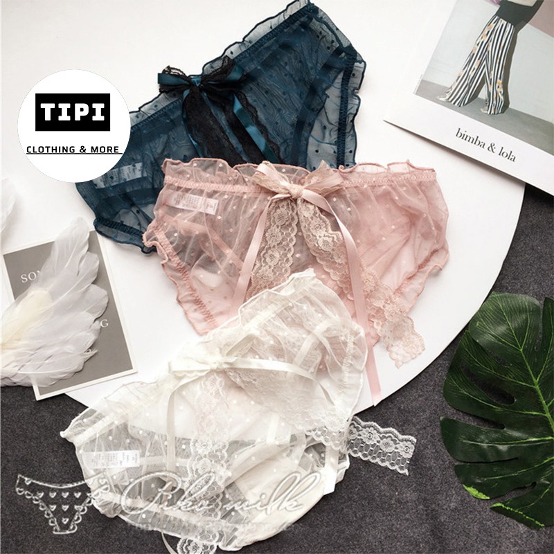 Quần lót ren lưới cao cấp phối nơ Polka C1