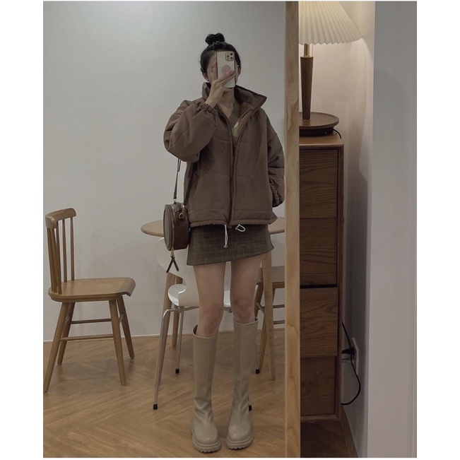 (Ảnh thật) Áo khoác phao nhung cổ dựng dây rút | BigBuy360 - bigbuy360.vn