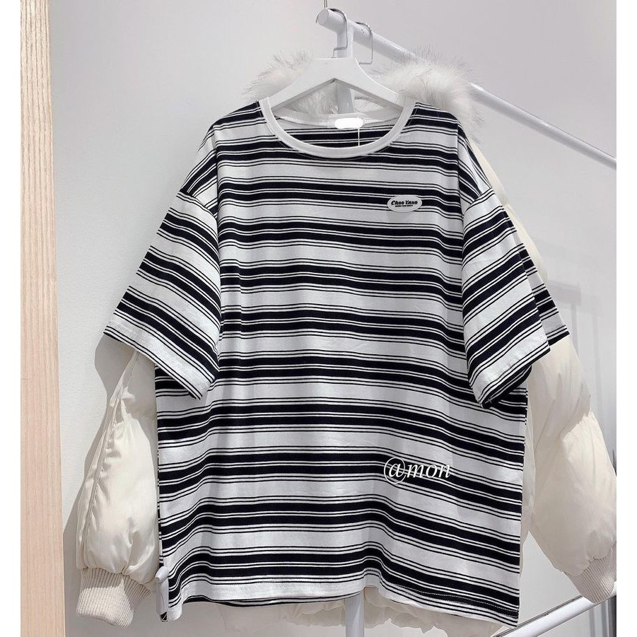 2101459 Áo phông nữ - áo phông kẻ đen trắng logo cao su chất cotton mềm mát freesize