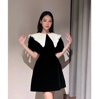 Đầm nhung đen phối cổ nhọn trắng (Freesize)
