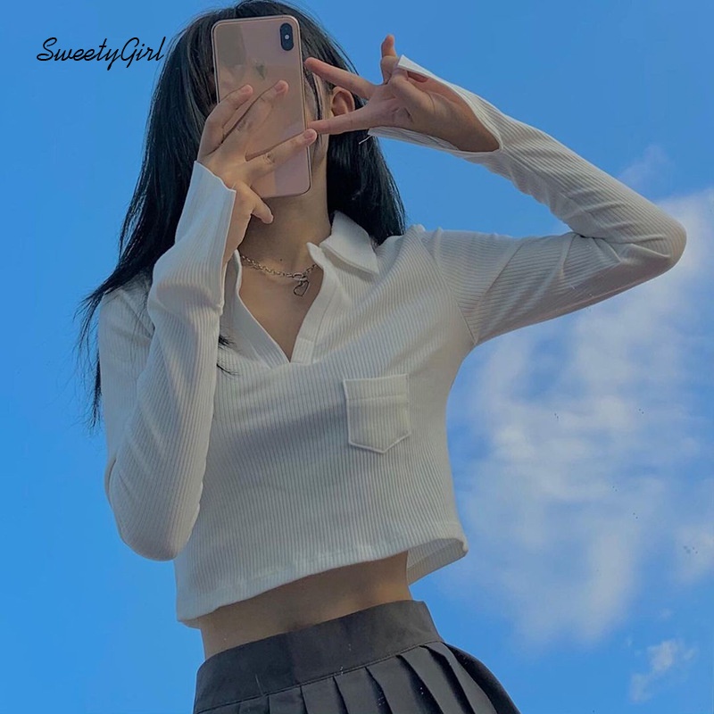 Áo Croptop Tay Dài Cổ Bẻ Màu Trơn Có Túi Thời Trang Cho Nữ