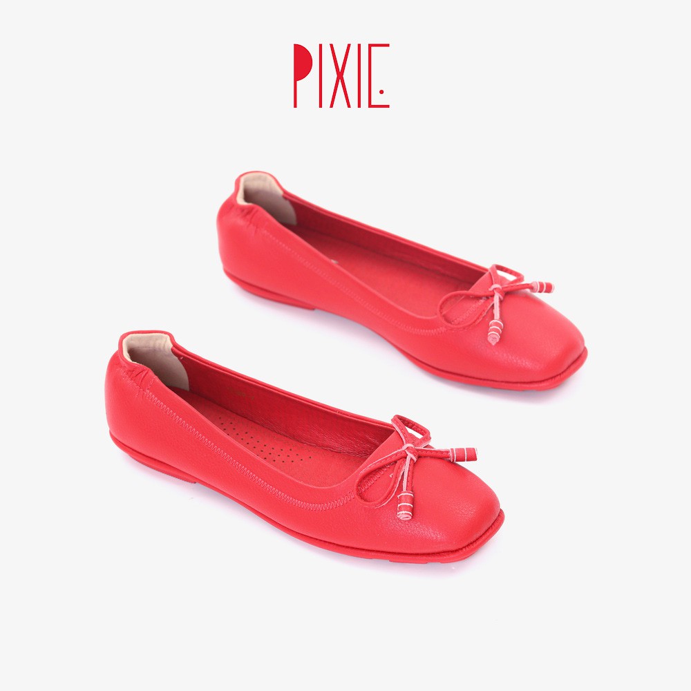 Giày Búp Bê Mũi Vuông Đế Âm Da Mềm Nơ Nhỏ Màu Đỏ Pixie P019