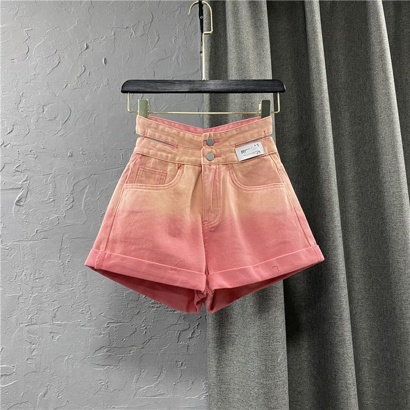 Quần Short Denim Lưng Cao Phối Hai Hàng Nút Màu Xanh Lá Gradient Phong Cách Mới Mùa Hè Cho Nữ