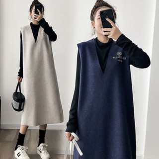 Set Áo Len Tay Dài Phối Đầm Yếm Thời Trang Cho Bà Bầu