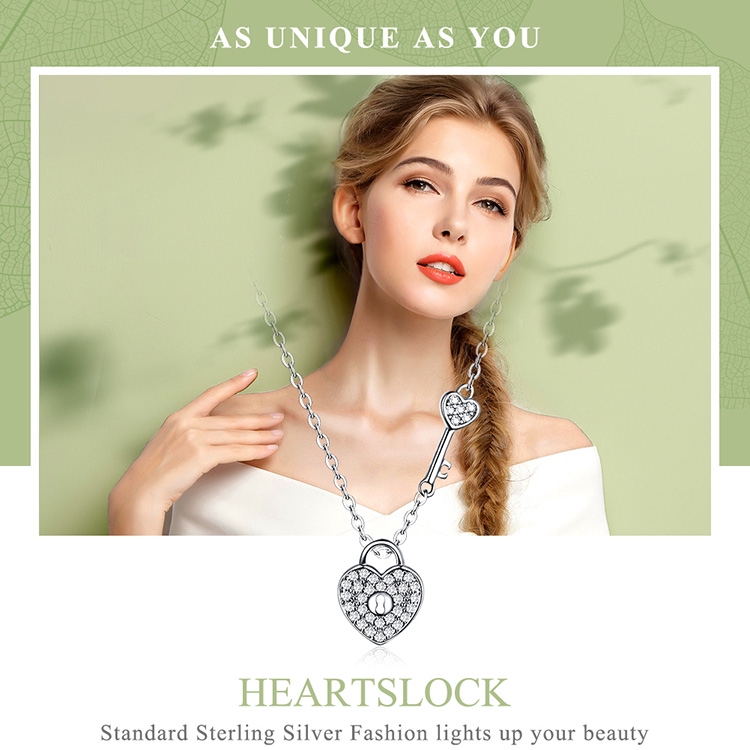 Vòng cổ bạc sterling 925 BAMOER CN315 phối mặt hình ổ khóa và chìa khóa trái tim tình yêu