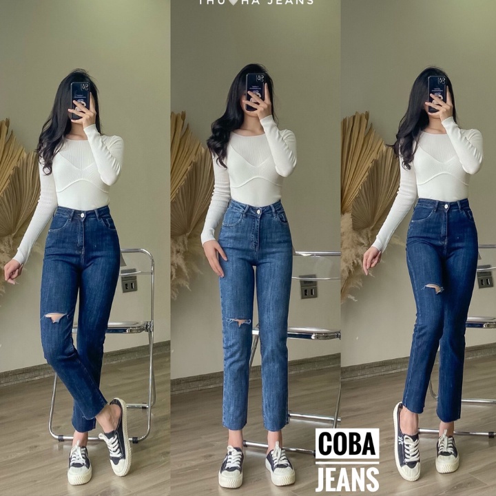 Quần Jeans Nữ ống Đứng Mài Rách Đùi Cá Tính LA'COBA