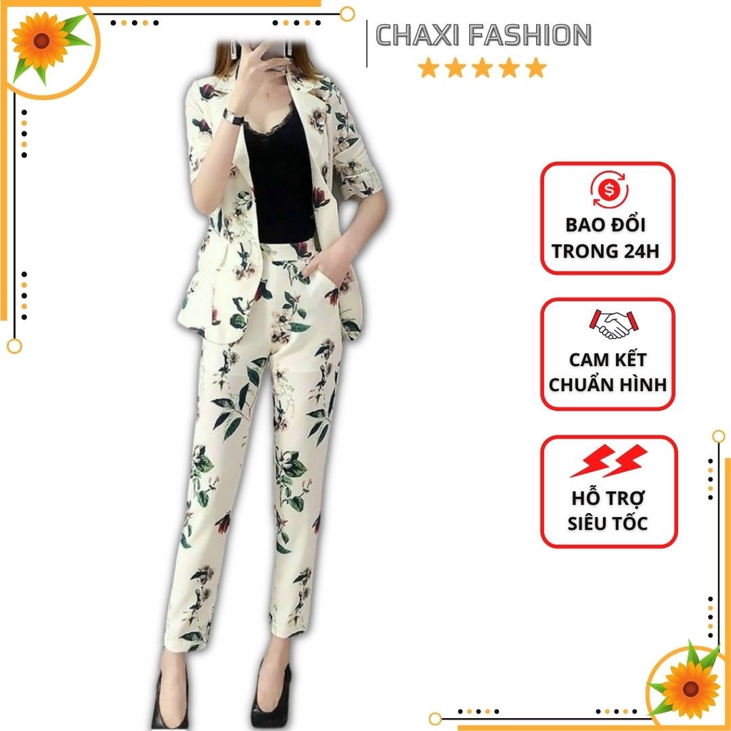 HÀNG NHẬP - SET BỘ VEST ÁO TAY LỠ QUẦN DÀI HOA LÁ SIÊU XINH - KDTL06340