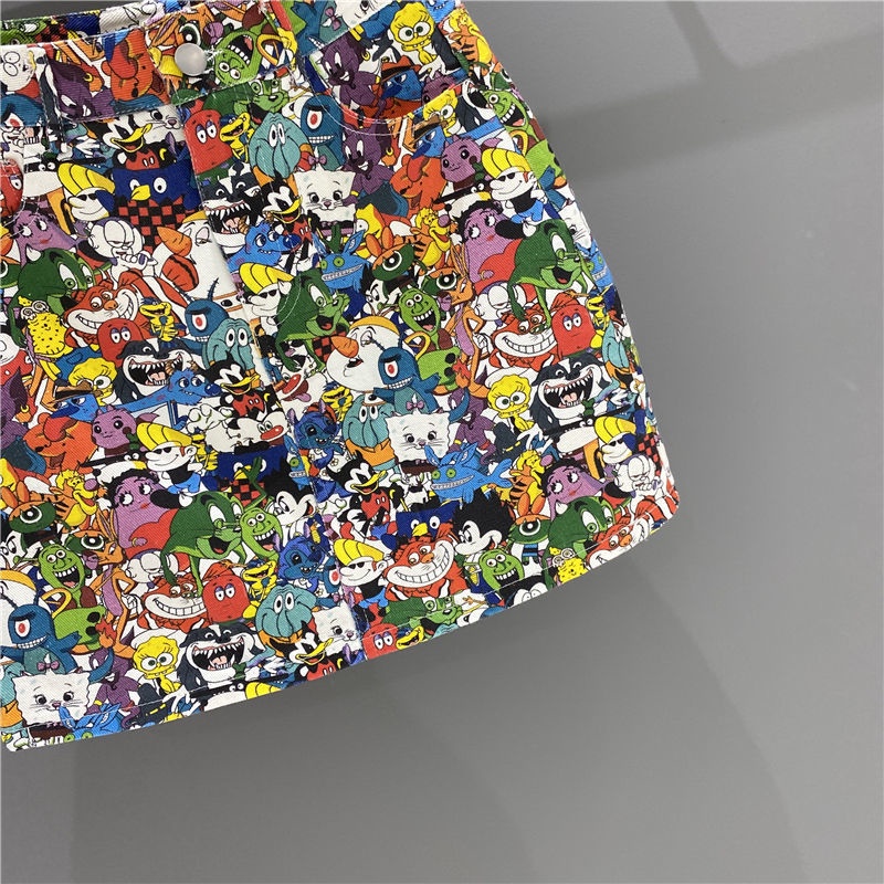 Jiashucheng Chân Váy Denim Chữ a Lưng Cao In Họa Tiết Hoạt Hình Thời Trang Mùa Hè Dễ Phối Đồ