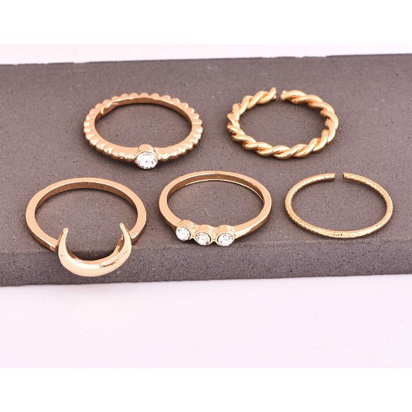 Nhẫn set 5 chiếc mặt hình trăng khuyết đính đá cho nam nữ - phụ kiện đeo tay rings bohomian unisex - Lolotica