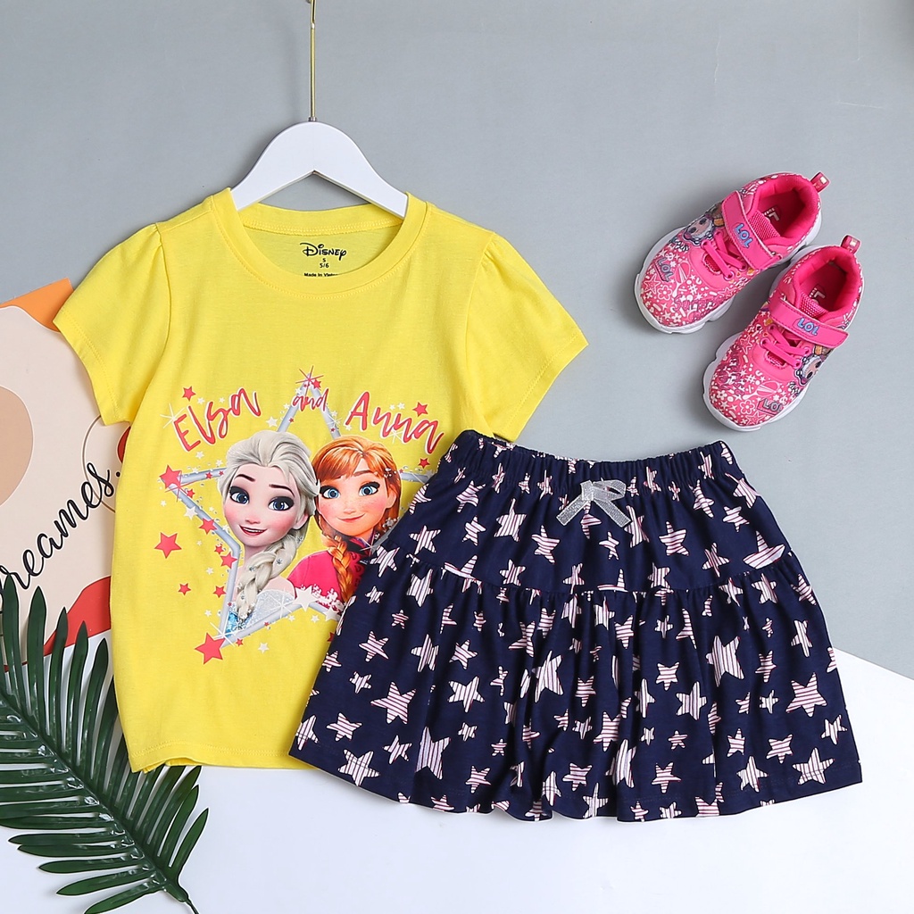 Set áo váy disney bé gái Bigbaby, chất thun cotton mềm mát chân váy trong có chip cho bé 17-45kg