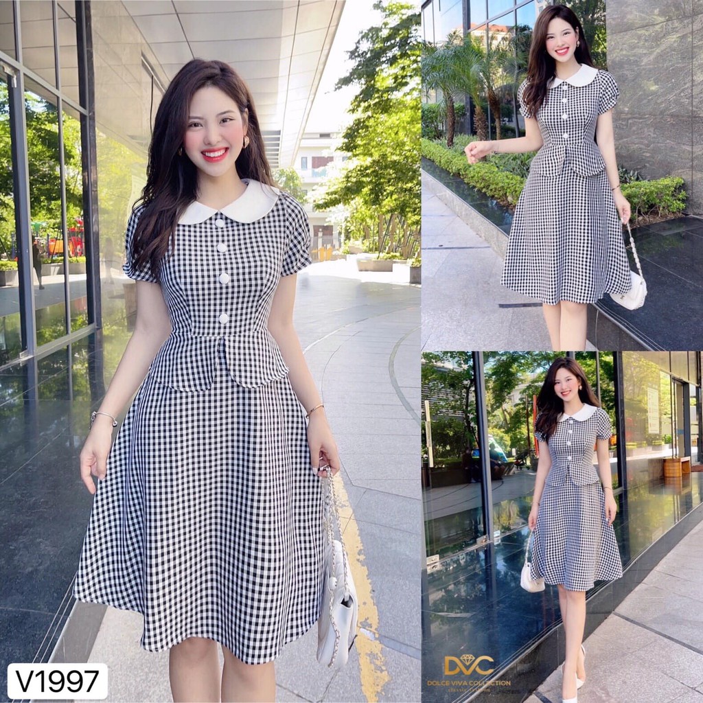 VÁY XÒE KẺ CỔ SEN CAO CẤP V1997 ĐI CÙNG CHẤT VẢI KATE HÀN QUỐC CAO CẤP TRẺ TRUNG HIỆN ĐẠI