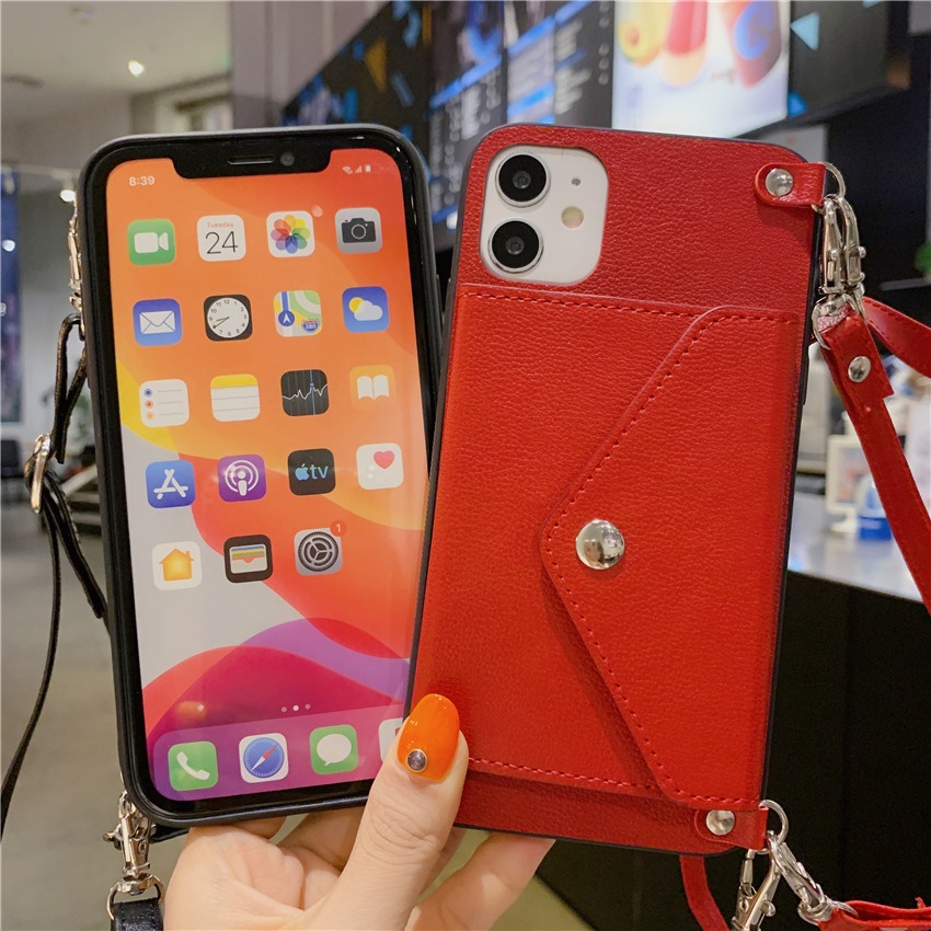 Ốp Điện Thoại Da PU Dạng Ví Có Dây Đeo Vai Cho iPhone 11 12 13 14 Pro Max 8 7 6 6s Plus X XR XS Max SE 2020