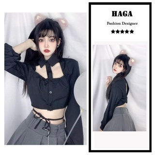 Áo sơ mi croptop nữ dài tay HAGA khoét rúm cầu ngực xẻ hở lưng cột nơ SMBL29