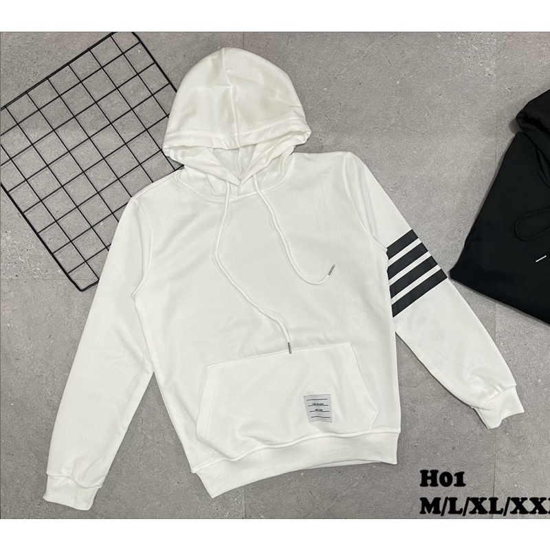 Áo nỉ hoodie thom có hoạ tiết ba vạch đơn giản hai mầu trắng đen, Áo thu đông có mũ phong cách hàn quốc từ 45 đến 75 kg.
