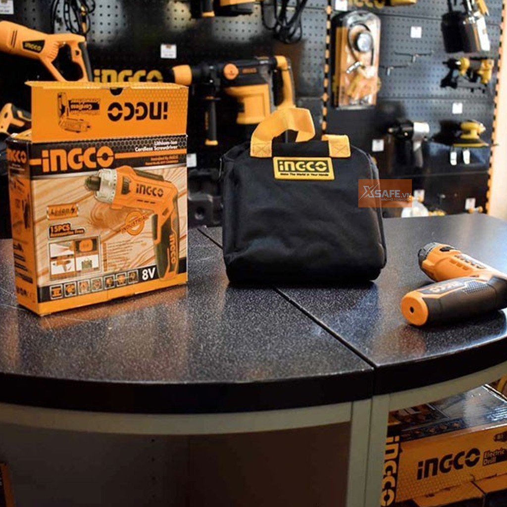 Máy bắn vít mini dùng pin 8V INGCO CSDLI0801 tốc độ 220v/p, đầu lục giác 1/4&quot;, có đèn led, có chức năng đảo chiều -xsafe