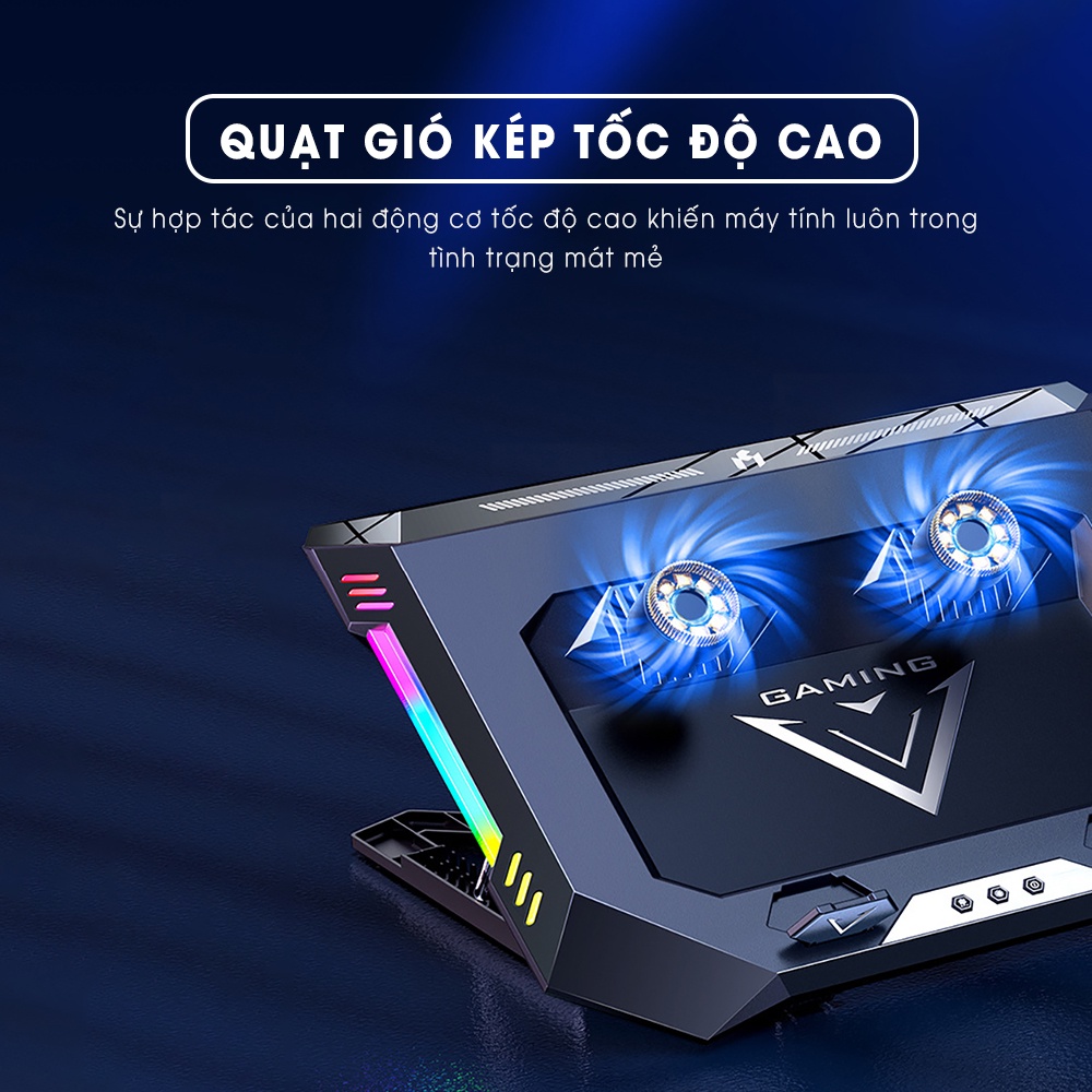 Đế tản nhiệt laptop SIDOTECH X500 quạt kép chống ồn tốc độ cao đèn LED RGB điều chỉnh độ cao 7 mức tương thích 18 inch