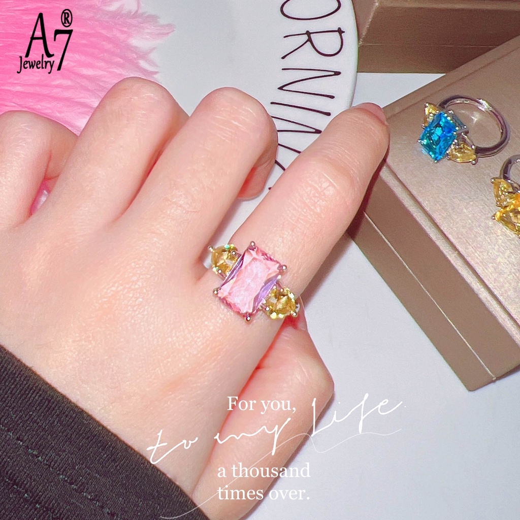 Nhẫn Đính Đá A7 Màu Hồng/Xanh Ngọc Lục Bảo/Vàng/Hồng Hình Vuông Đính Đá Zircon Màu Xanh Dương/Hồng Cho Nữ