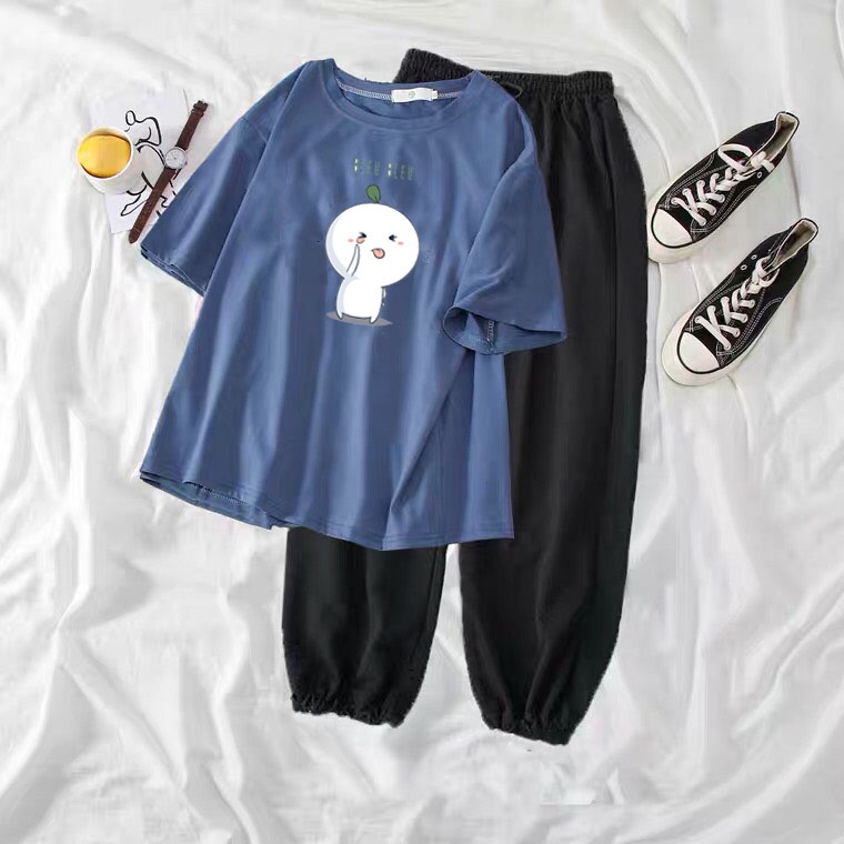 Sét áo Hạt mầm leuleu + quần bom đen, Áo thun from rộng, Chất đẹp không xù, quần suông ống rộng, Sét bộ mặc ở nhà - MODY