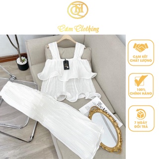 Set Bộ Đồ Nữ Áo 2 Dây Xếp Ly Tầng Phối Quần Dài Ống Rộng Dập Ly Chất Liệu Vải Satin Mát Mịn Thấm Hút Mồ Hôi