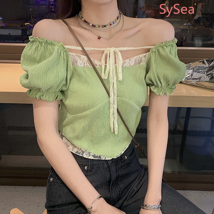 Áo croptop tay phồng ngắn phối ren quyến rũ thời trang mùa hè cho nữ