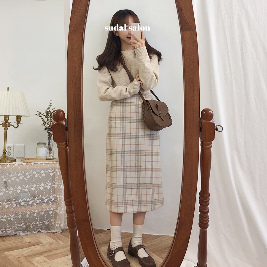 Chân váy dài vừa vải len lưng cao kẻ sọc ô vuông 26843