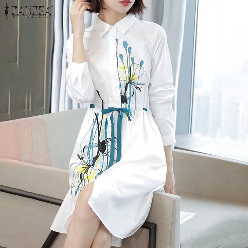 Đầm midi ZANZEA tay dài cổ bẻ thắt eo in họa tiết thời trang cho nữ