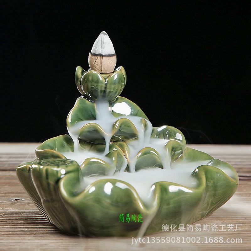 Thác khói trầm hương gốm sứ đài sen xanh lục tặng 1 nụ trầm