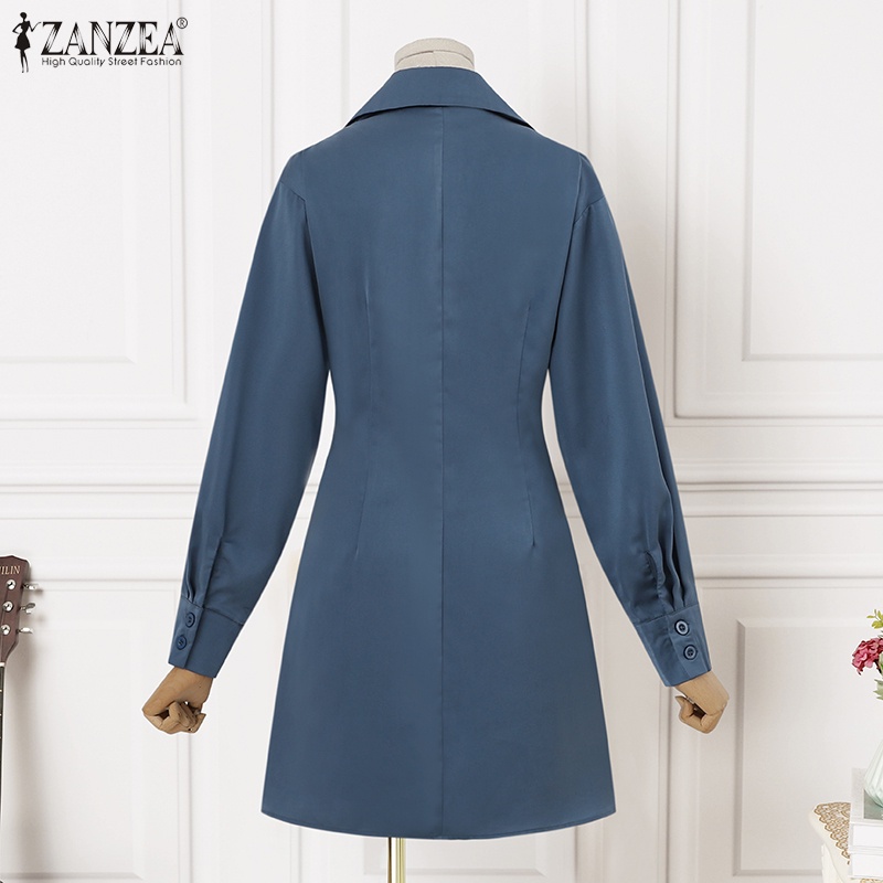 Đầm ZANZEA cho nữ dài tay cổ bẻ dáng dài rộng thời trang Hàn Quốc