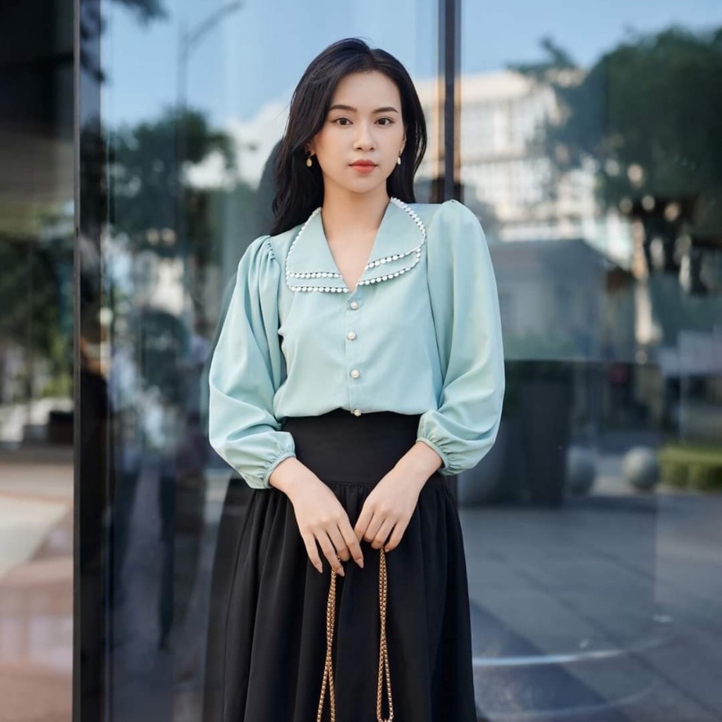Áo sơ mi nữ Gloria Shop Áo kiểu nữ tay bồng cổ 2 lá phối ren màu trẻ trung chất lụa trơn hàng đẹp SMK 12 xanh !
