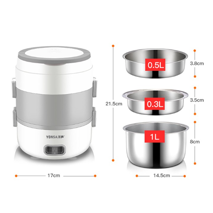 Nồi cơm điện mini 3 ngăn inox, nấu cơm, các món hấp, sử dụng hâm cơm văn phòng, đi làm