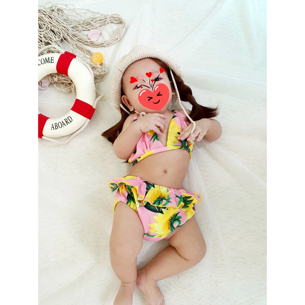 Đồ bơi bé gái, bikini liền thân. Đồ đi biển, đồ bơi 2 mảnh hoa hướng dương mùa hè.