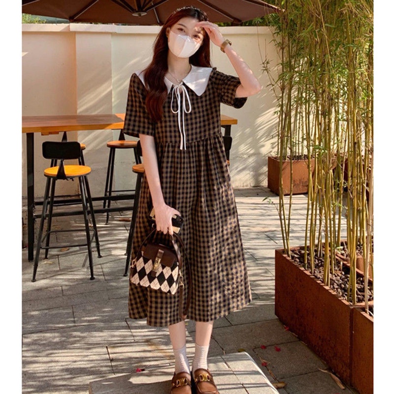 Đầm Chữ A Cổ Búp Bê Kẻ Sọc Ca Rô Thời Trang Mùa Hè Mới Cho Nữ