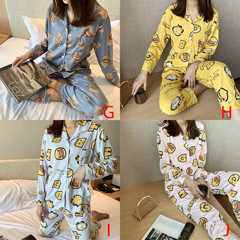 Set đồ ngủ gồm áo tay dài và quần dài in họa tiết hoạt hình phong cách Hàn Quốc xinh xắn cho nữ
