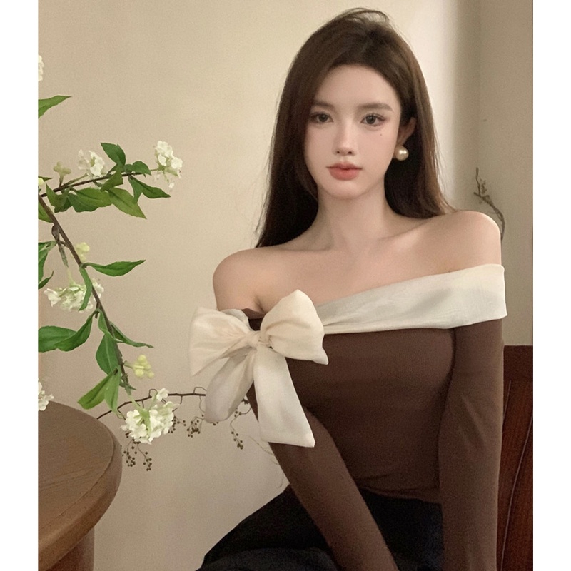 Áo Kiểu Tay Dài Trễ Vai Phối Nơ Thiết Kế Hợp Thời Trang