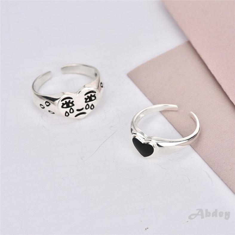 [Abdey] Mới tình yêu màu đen đơn giản thời trang nhẫn nữ kiện phụ mở nước mắt biểu cảm cổ điển ngón trỏ đeo nhẫn tay trang sức