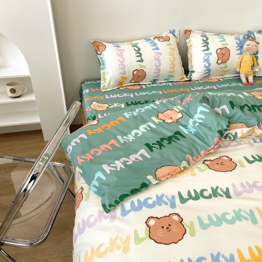 Bộ chăn ga gối cotton poly gấu chữ đủ size - Mẫu gấu &amp; chữ