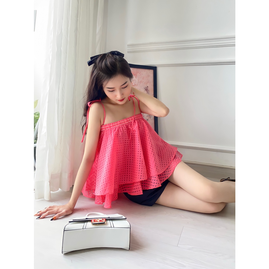 Áo 2 dây trễ vai dáng xòe [2 Lớp] Áo bẹt vai nữ chất tơ kính A-TVO