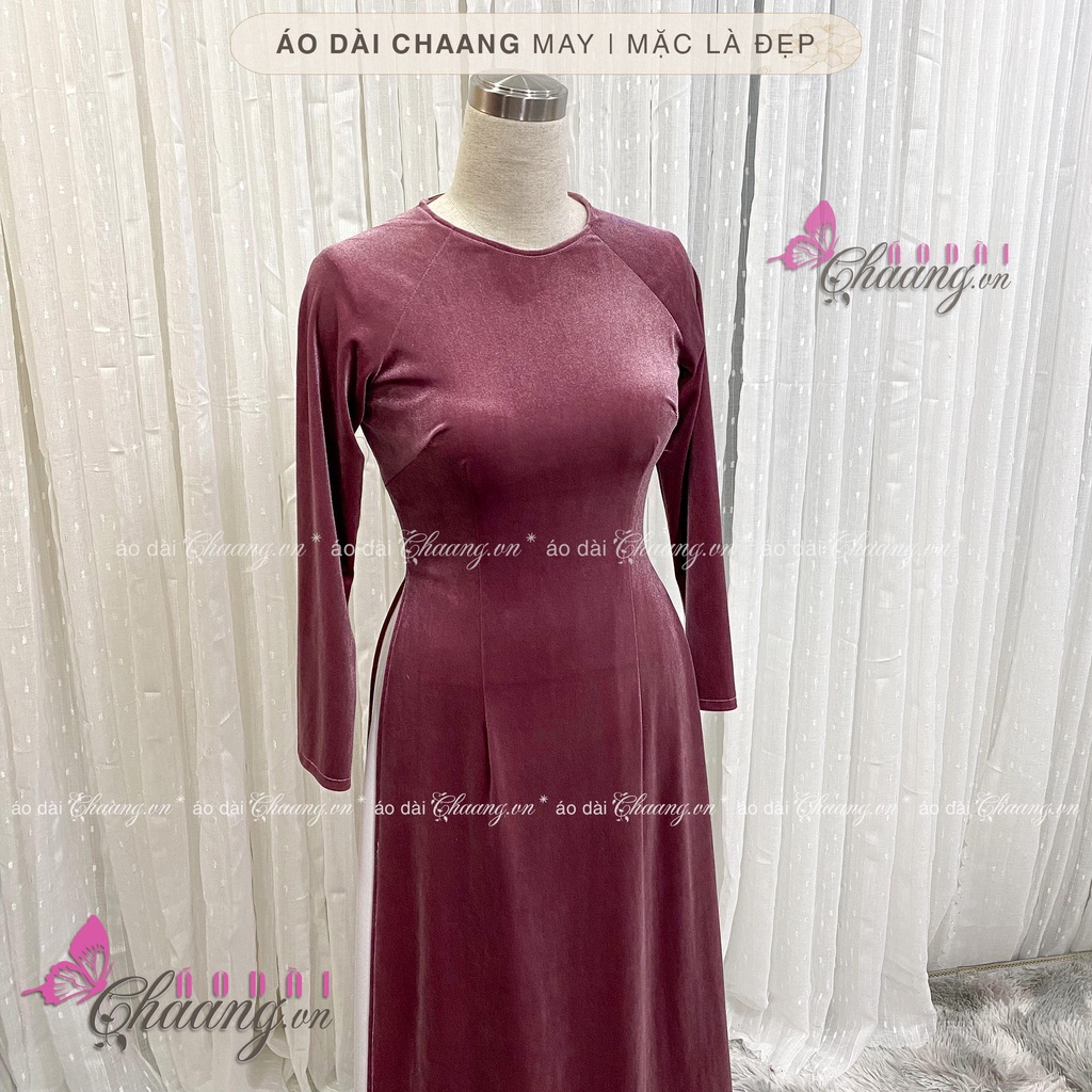 Áo dài nhung hồng đỗ cổ tròn Chaang May sẵn vải áo dài dáng truyền thống tay dài dự tiệc cưới lễ tết đẹp
