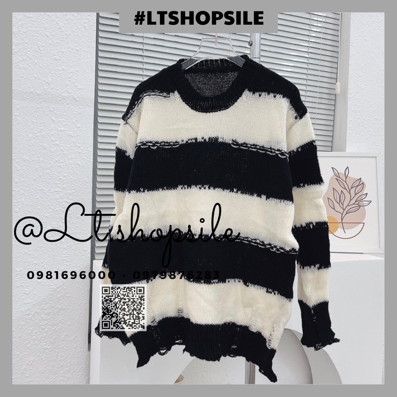 Áo len nữ, len loang kẻ ngang dáng len dài chùm mông