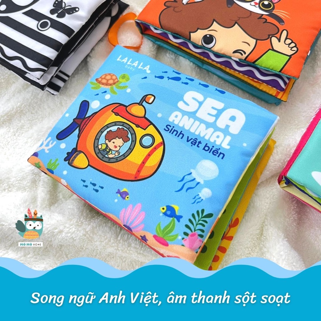 Sách vải cho bé song ngữ Anh Việt phát triển đa giác quan, kích thước 12x11cm, 8 mặt sột soạt, MẪU MỚI - Mô Mô Home