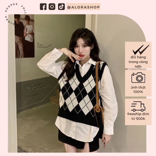 Áo len ghile nữ họa tiết quả trám cổ tim phong cách/style Hàn quốc thời trang nữ Alora