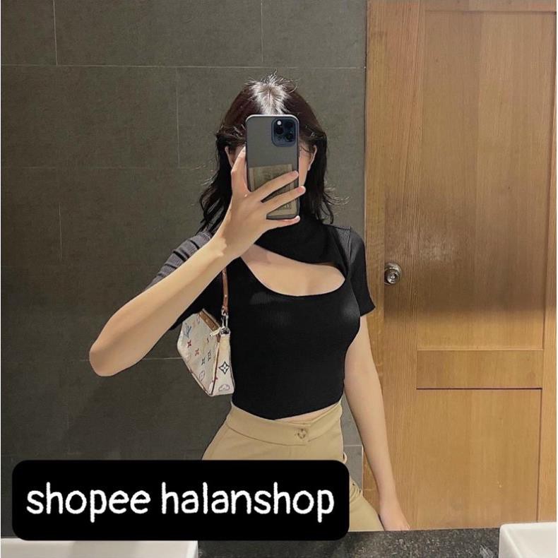 Áo Croptop Khoét Vai Chéo Sexy Ngắn Tay Thun Gân Đen Trắng Xanh Xám Tím DRACR139