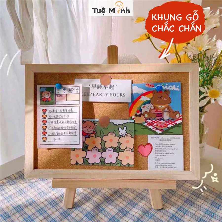 Bảng ghim gỗ bần K18 decor treo ảnh, postcard - Tặng kèm ghim + dây gai + sticker