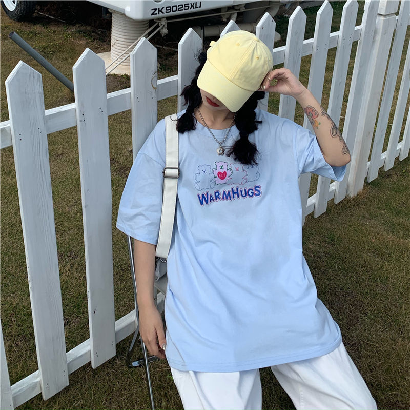 100% cotton Áo thun tay ngắn dáng rộng in họa tiết hoạt hình phong cách Hàn Quốc thời trang năng động cho nữ