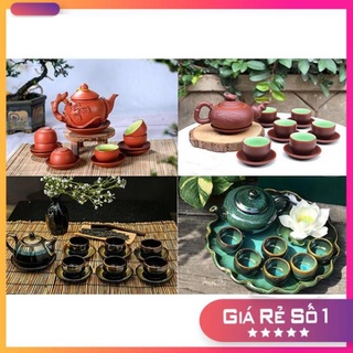 Bộ ấm chén tử sa, ấm trà gốm sứ Bát Tràng bộ Lan Hoa nâu - đen