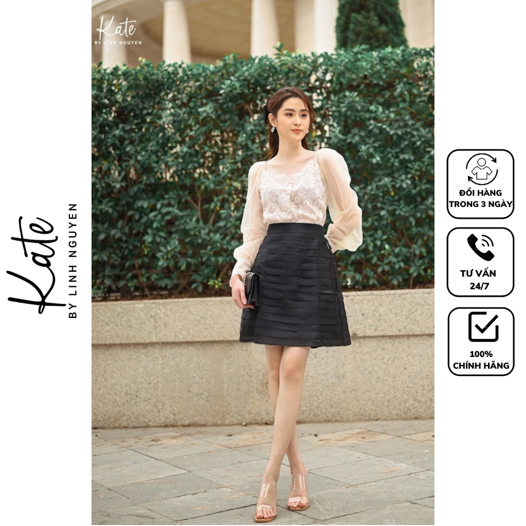 Áo sơ mi ren cổ vuông tay lưới 4530 chân váy tơ Hàn dáng A xếp bèo xéo 4487 thời trang KATE By Linh Nguyen
