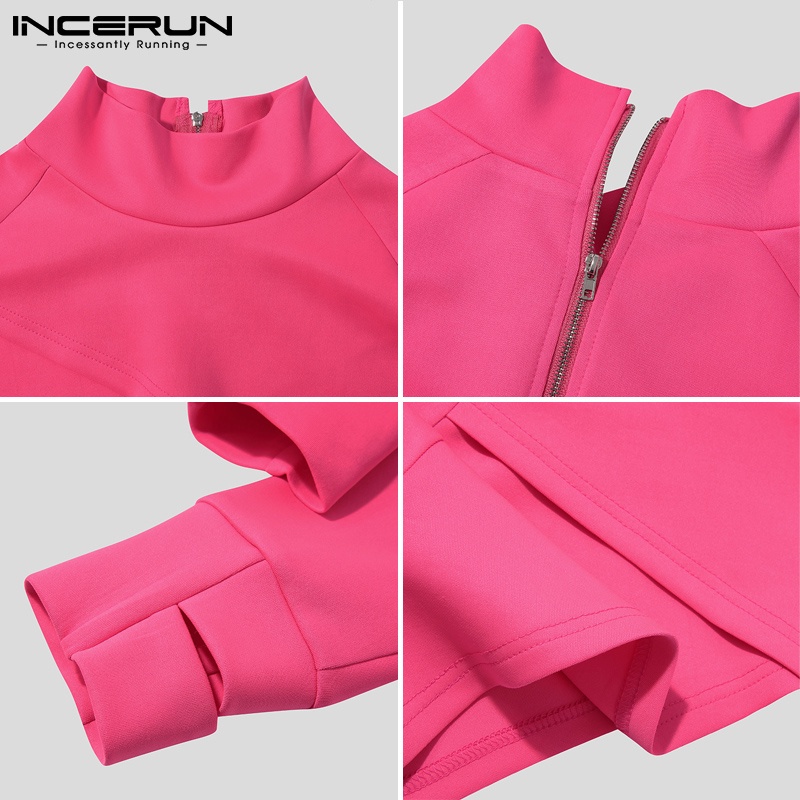 Áo crop top INCERUN cổ cao tay dài khoá kéo sau lưng thời trang cho nam