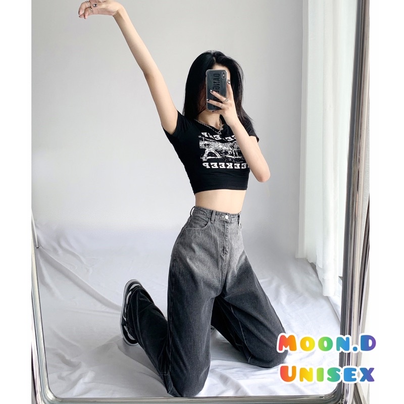 Quần Jeans Ống Suông Mẫu Độc Quyền Nhà MOON.D Unisex Phối Xám Đen ❤️ Form Đáy Cao Phối Màu Cực Chất