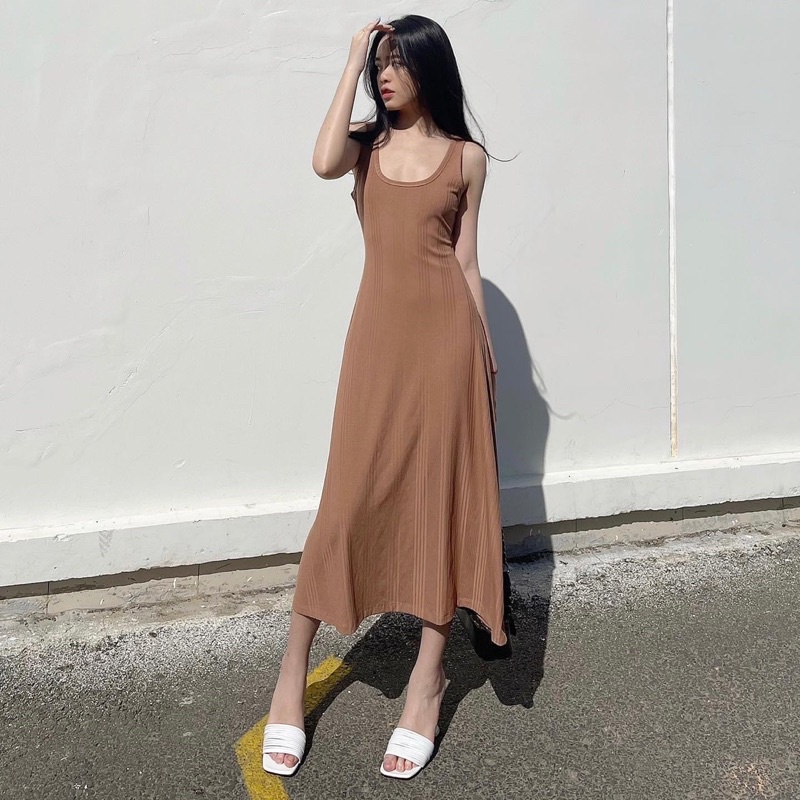 Đầm thun body 2S hai dây bản to midi nâu