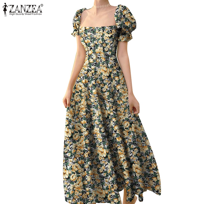 Đầm maxi ZANZEA tay phồng cổ vuông có khóa kéo sau lưng phong cách Hàn Quốc thời trang cho nữ